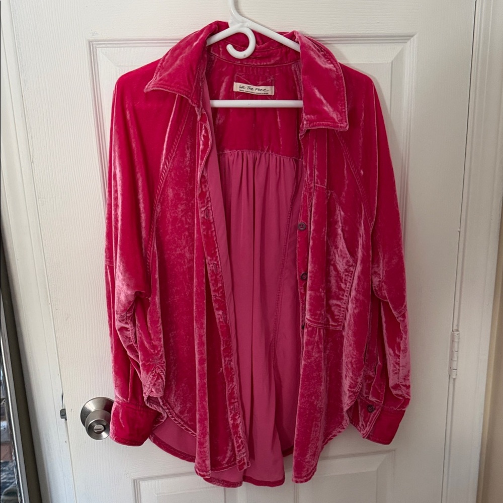 We The Free by Free People Pink Velvet Button Down Shirt Reglan sleeves